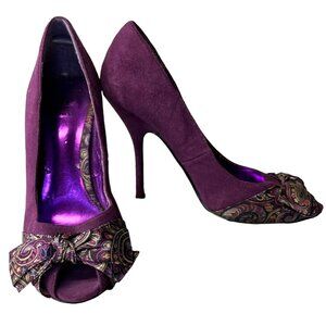 BAKERS Purple Suede Peep-Toe Heel Size 8.5 Paisley Bow & 4" Stiletto Heel